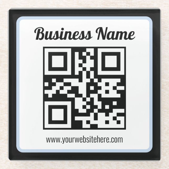 Bearbeitbarer QR-Code & Text mit hellblauem Rand Glasuntersetzer (Vorderseite)