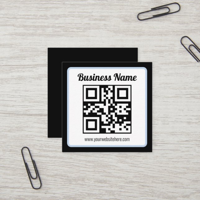 Bearbeitbarer QR-Code & Text mit hellblauem Rand Quadratische Visitenkarte (Vorderseite/Rückseite Beispiel)