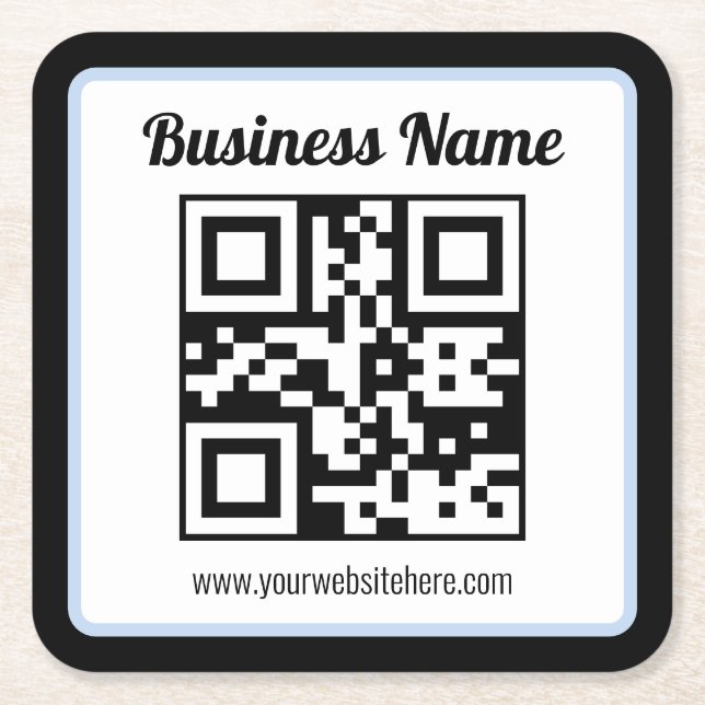 Bearbeitbarer QR-Code & Text mit hellblauem Rand Rechteckiger Pappuntersetzer (Vorderseite)