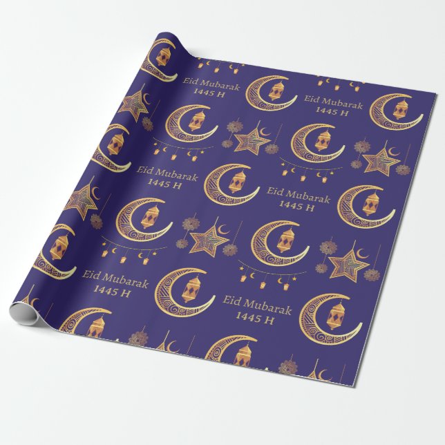 Bearbeitbarer Text Eid Al-Fitr Mubarak Dark Blue Geschenkpapier (Ungerollt)