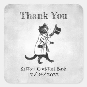 Bearbeitbarer Vintage-Topfhut-Katze-Danke-Aufklebe Quadratischer Aufkleber