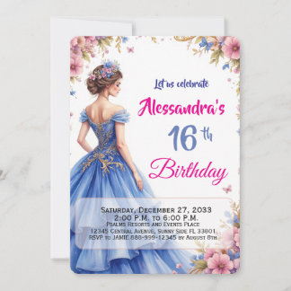 Bearbeitbares 16. Blaues Kleid Florales Elegantes Einladung