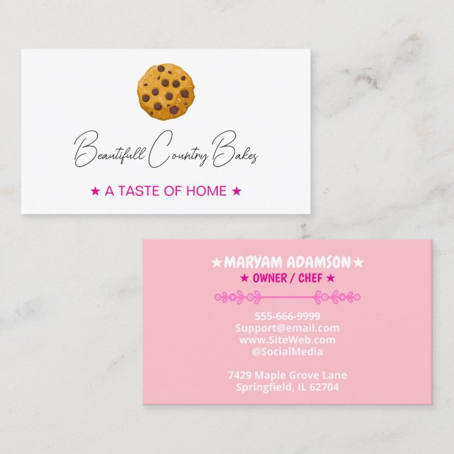 Bearbeitbares Cookie-Logo | Weiße rosa Bäckerei Visitenkarte (Vorne/Hinten)