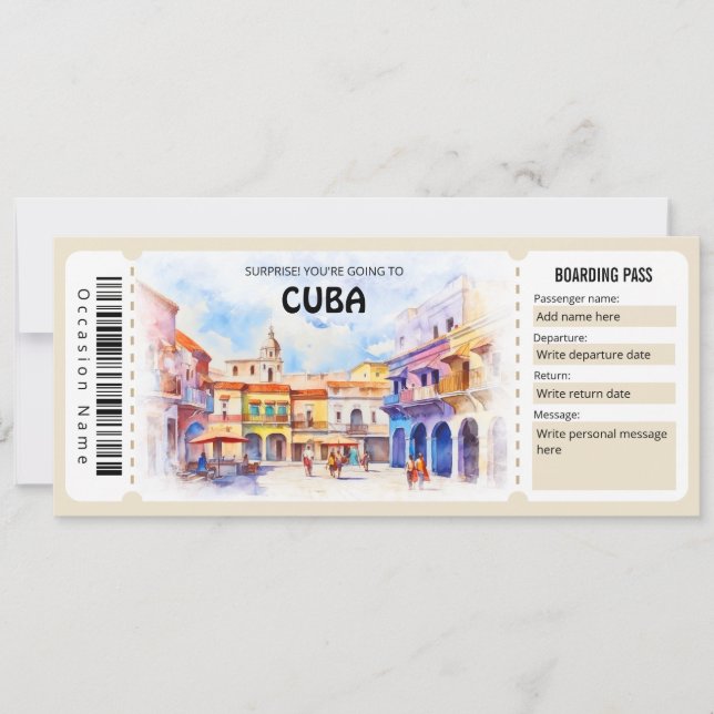 Bearbeitbares Cuba Flugzeug Boarding Pass Ticket Einladung (Vorderseite)