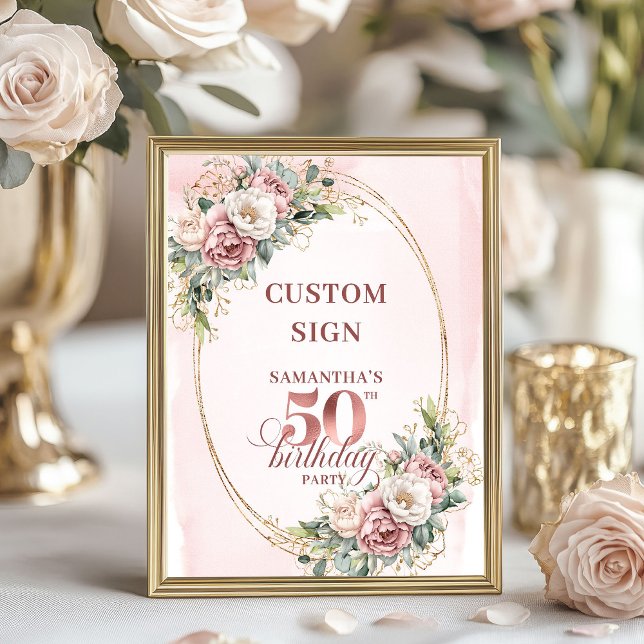 Bearbeitbares elegantes Grün 50 Geburtstags-Schild Poster (Editable Elegant Greenery 50th Birthday Custom Sign)