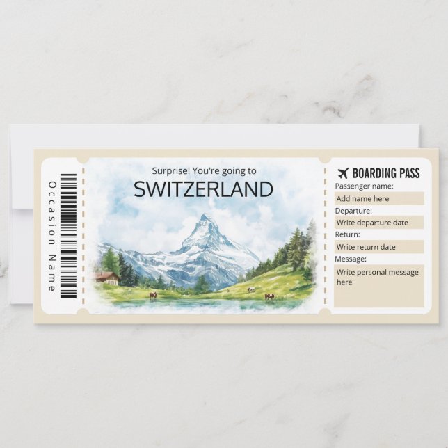 Bearbeitbares Schweizer Flugzeug Ticket, Schweiz Einladung (Vorderseite)