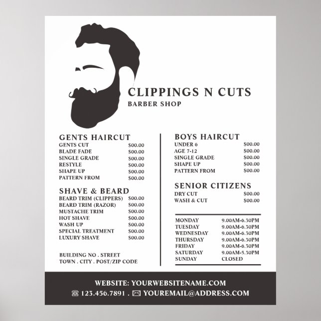 Beard-Logo, Preisliste für männliche Barber Poster (Vorne)