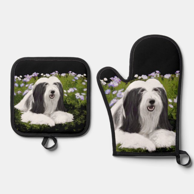 Bearded Collie Beardie Black Painting Niedliche Do Ofenhandschuh & Topflappen-Set (Vorderseite)