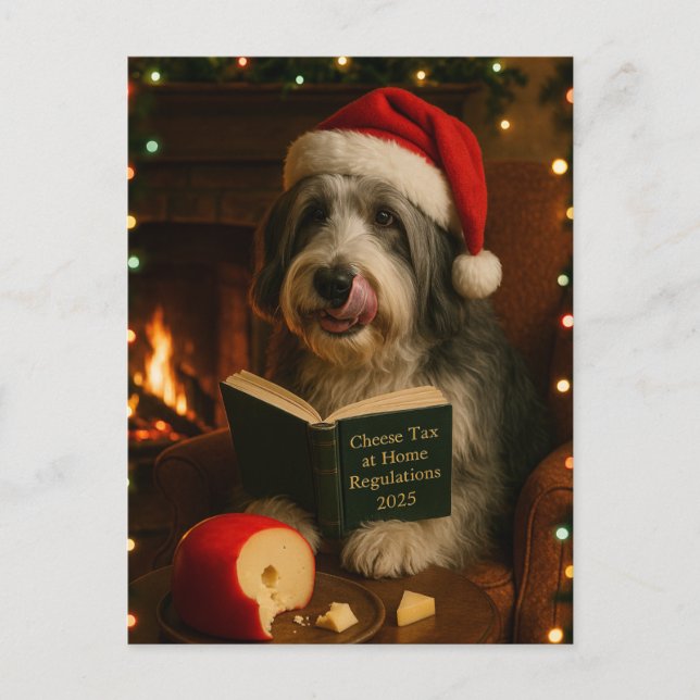 Bearded collie 'Cheese Tax' Christmas postcard Postkarte (Vorderseite)