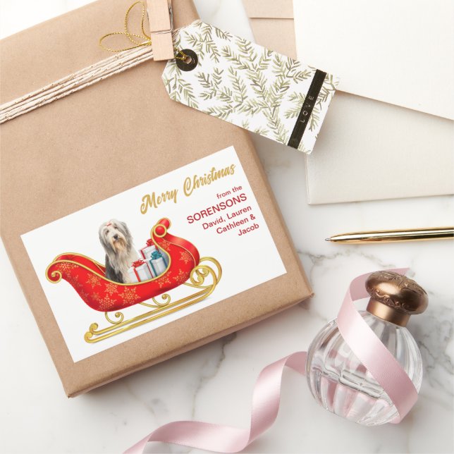 Bearded Collie Dog Christmas Sleigh Rechteckiger Aufkleber (Schenken)