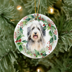 Bearded Collie Holly Wreath Keramik Ornament