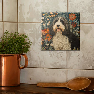 Bearded Collie im William Morris Stil Fliese