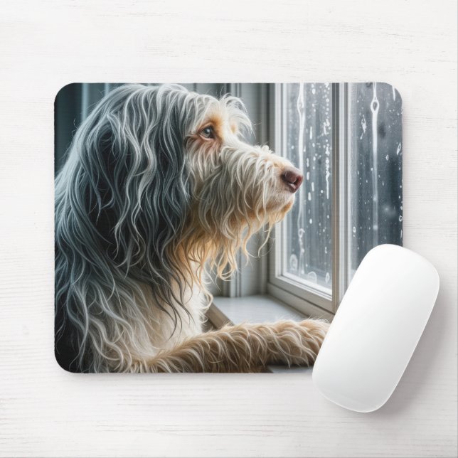 Bearded Collie Looking at a Rainy Window Mousepad (Mit Mouse)