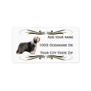 Bearded Collie mit Black & Gold Swirl Adressaufkleber