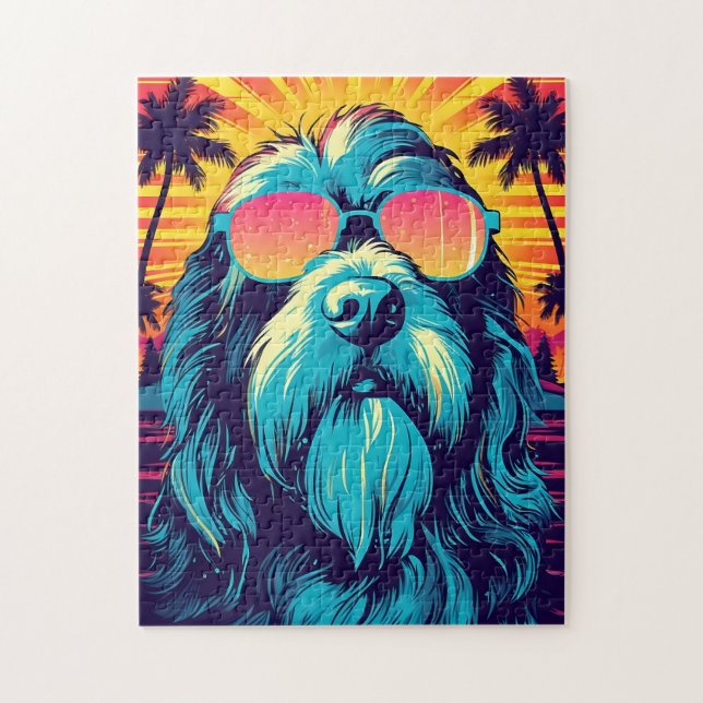 Bearded Collie mit Sonnenbrille am Strand Puzzle (Vertikal)