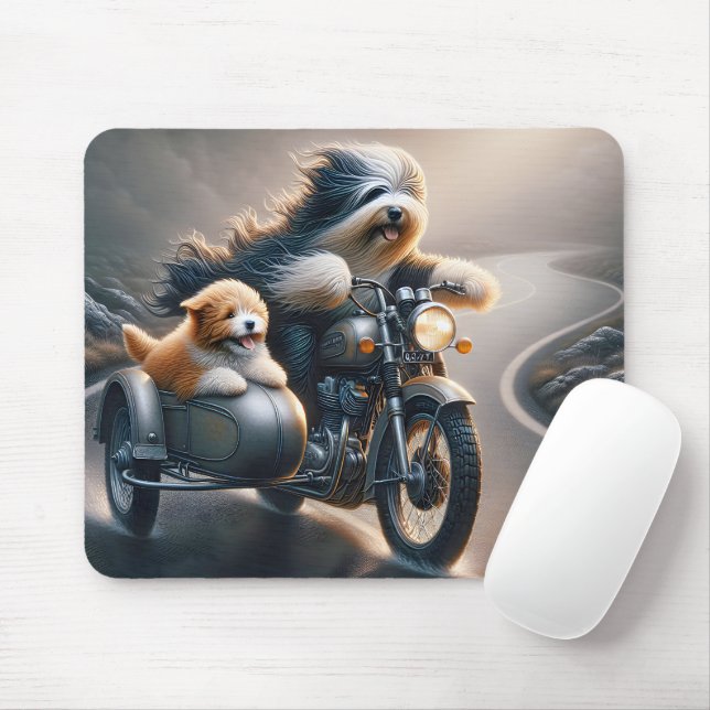 Bearded Collie Motorradfahren Mousepad (Mit Mouse)