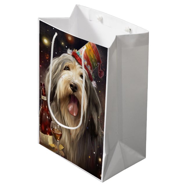 Bearded Collie Neujahr Mittlere Geschenktüte (Vorderseite Schrägansicht)