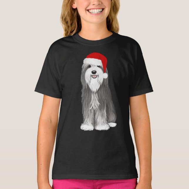 Bearded Collie Santa Dog Weihnachtsfeiertag T-Shirt (Vorderseite)