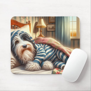 Bearded Collie Wear Striped Pajamas Mousepad
