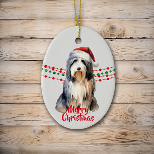 Bearded Collie Weihnachtsmannmütze Holiday Beads Keramik Ornament