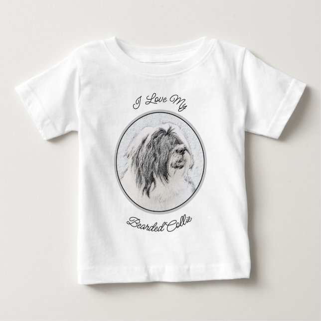 Bearded Collie Zeichnend - Niedliche Original Hund Baby T-shirt (Vorderseite)