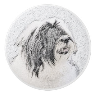 Bearded Collie Zeichnend - Niedliche Original Hund Keramikknauf