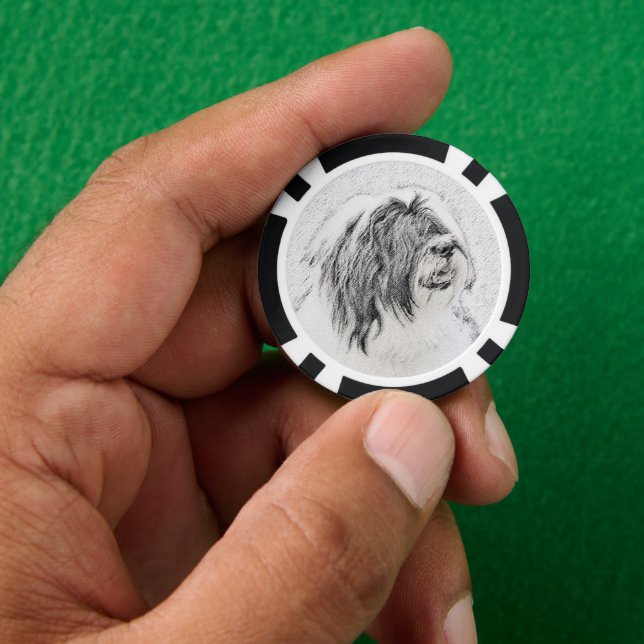 Bearded Collie Zeichnend - Niedliche Original Hund Pokerchips (Hand)