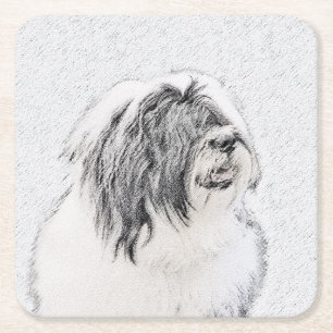 Bearded Collie Zeichnend - Niedliche Original Hund Rechteckiger Pappuntersetzer