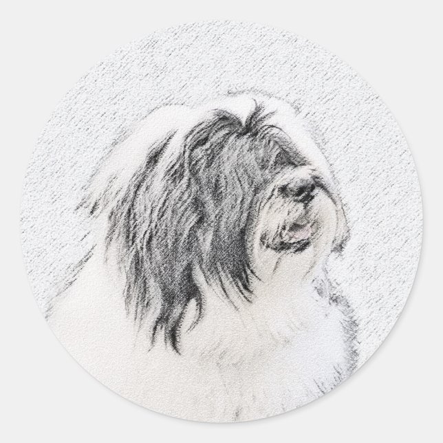 Bearded Collie Zeichnend - Niedliche Original Hund Runder Aufkleber (Vorderseite)