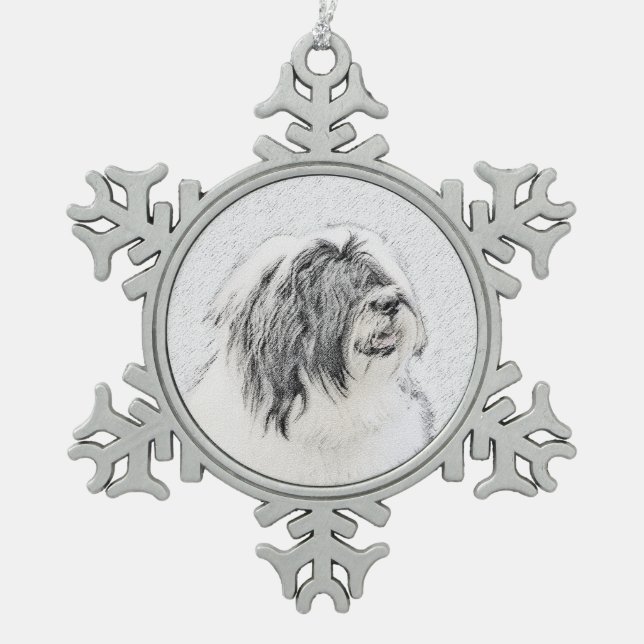 Bearded Collie Zeichnend - Niedliche Original Hund Schneeflocken Zinn-Ornament (Vorderseite)
