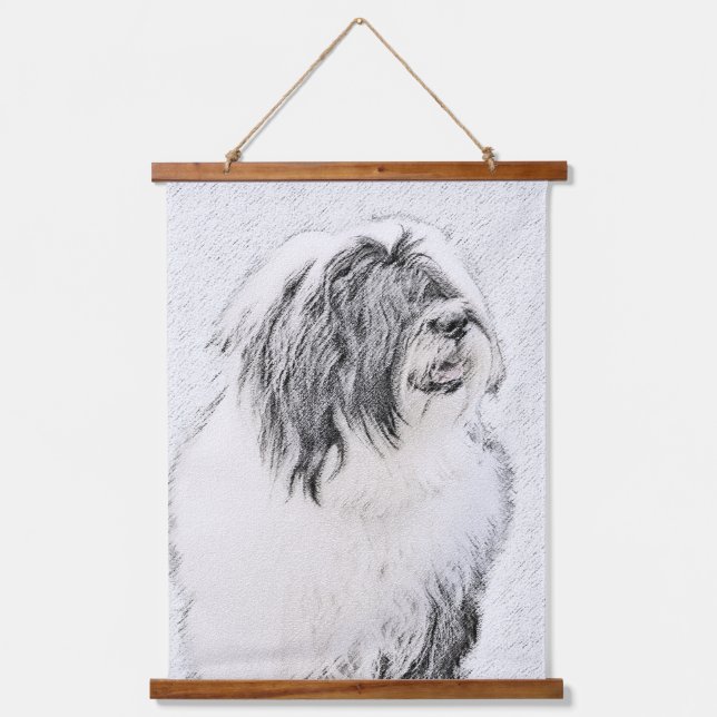 Bearded Collie Zeichnend - Niedliche Original Hund Wandteppich Mit Holzrahmen (Vorderseite)