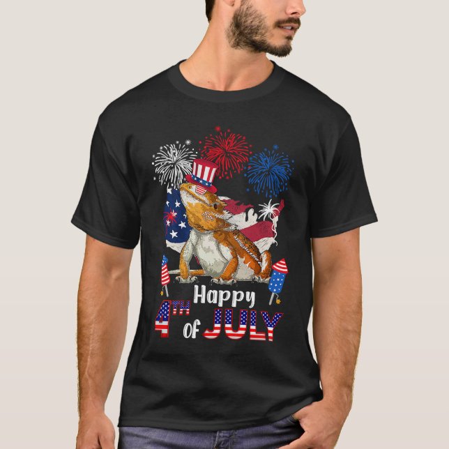 Bearded Dragon American Flag Fireworks Happy 4th o T-Shirt (Vorderseite)
