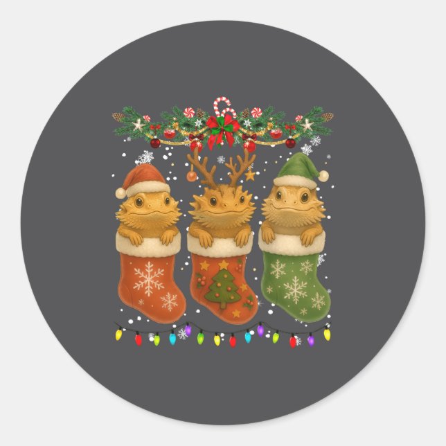 Bearded Dragon In Christmas Socks Lights Bearded D Runder Aufkleber (Vorderseite)