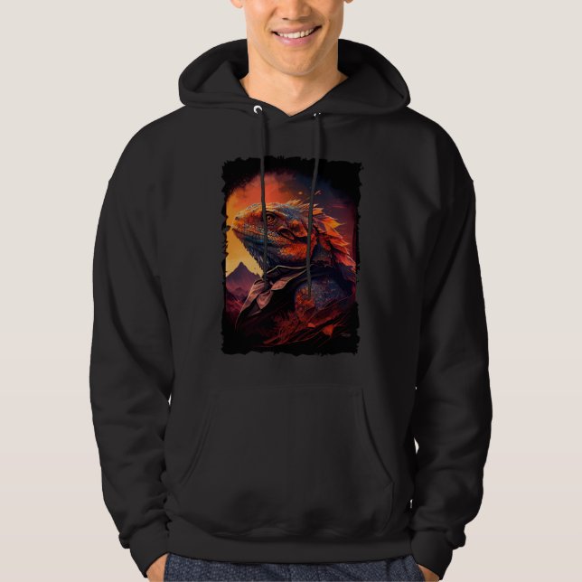 Bearded Dragon mountains sunset lizard retro 70s v Hoodie (Vorderseite)