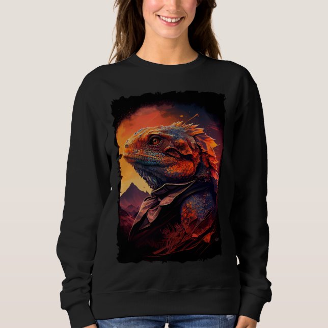 Bearded Dragon mountains sunset lizard retro 70s v Sweatshirt (Vorderseite)