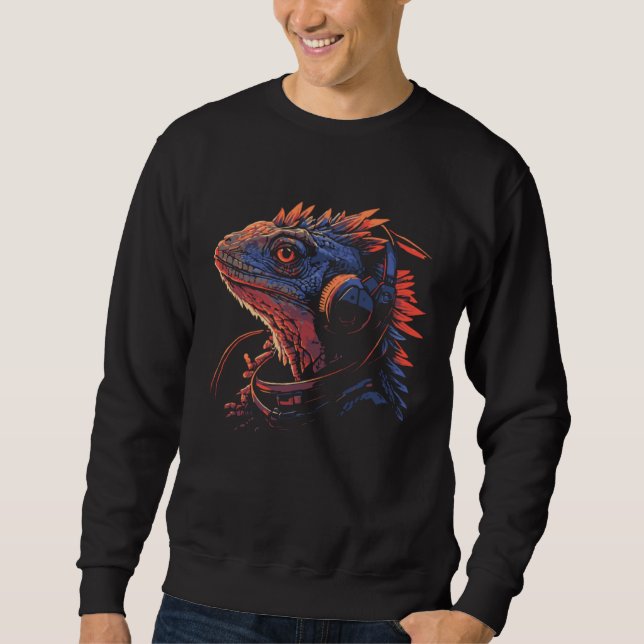 Bearded Dragon With Headphones Beardie Hipster Liz Sweatshirt (Vorderseite)