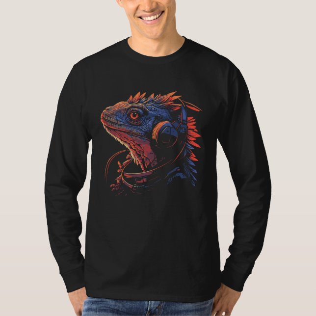 Bearded Dragon With Headphones Beardie Hipster Liz T-Shirt (Vorderseite)