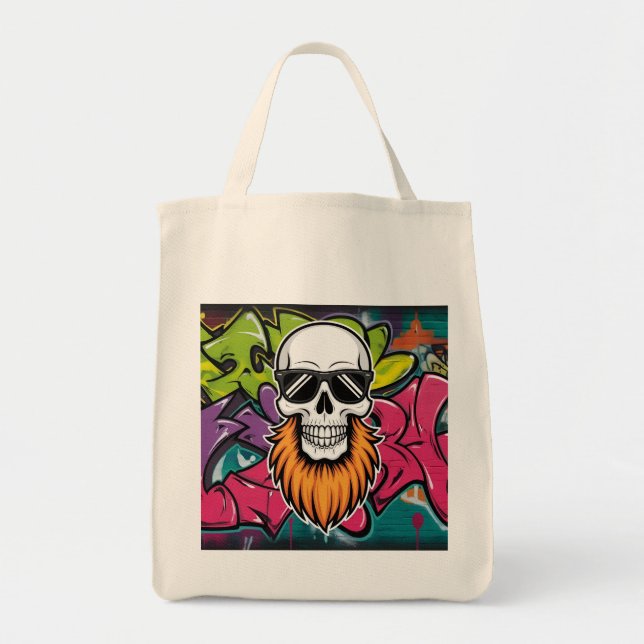 Bearded Skull Graffiti Throw Bag Tragetasche (Vorne)