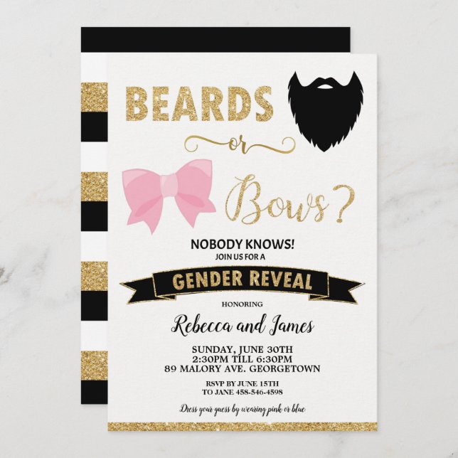 Beards oder Bows Gender Reveal Baby Shower Gold Einladung (Vorne/Hinten)