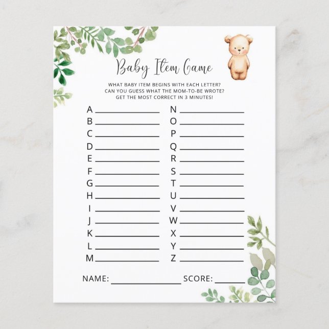 Bearly Baby Item Game. Baby Shower Game (Vorderseite)