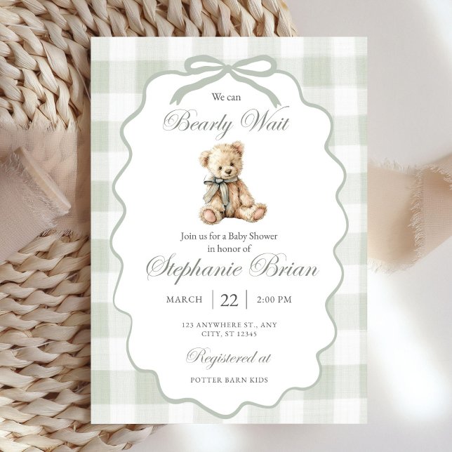 Bearly Baby Shower Invite Download Sage Green Ging Einladung (Von Creator hochgeladen)