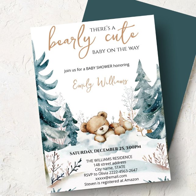 Bearly Cute Baby Shower Invitation | Woodland Bear Einladung (Cute bear watercolor baby shower invitation “Bearly cute baby on the way” )