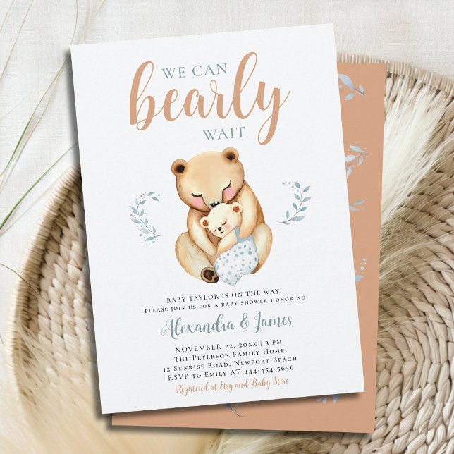 Bearly Mama Bear Cub Woodland Baby Boy Dusche Einladung (we can bearly wait baby boy shower invitation mama bear cub woodland forest cute sweet animal blue)