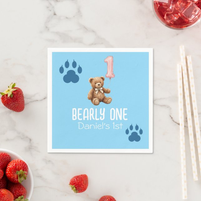 Bearly One | Brauner Teddybär Erster Geburtstag Serviette (Beispiel)