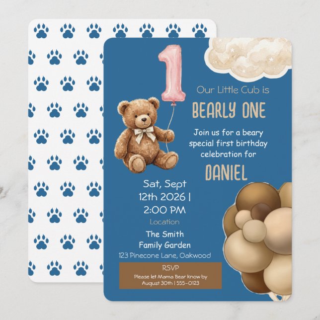 Bearly One Teddy Bear Einladung zum ersten Geburts (Vorne/Hinten)