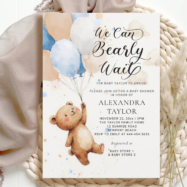Bearly Wait Balloons Watercolor Baby Boy Dusche Einladung (bearly wait baby shower invitation boy blue brown tan balloons whimsical watercolor calligraphy)
