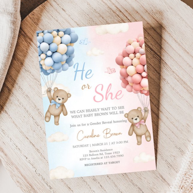 Bearly Wait Bear Balloon Gender Reveal  Einladung (Bear Balloon He or She Gender Reveal Invitation)