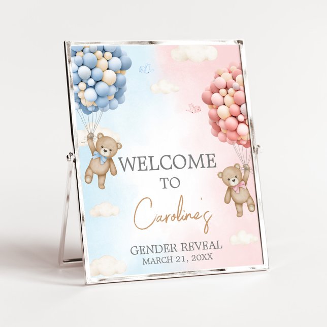 Bearly Wait BearBalloon Gender Reveal Welcome Sign Poster (Bear Balloon He or She Gender Reveal Welcome Sign)