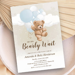 Bearly Wait Blau-weißer Teddybär-Baby Einladung