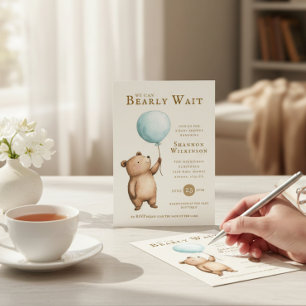 Bearly Wait blaue Ballon-Baby-Party QR-Code  Einladung